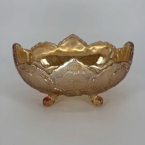 Vintage Jeannette Marigold Carnival Glass Footed Oval Bowl Lombardi Pattern